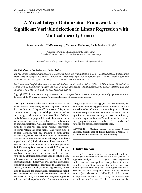 (PDF) A Mixed Integer Optimization Framework for Significant Variable ...