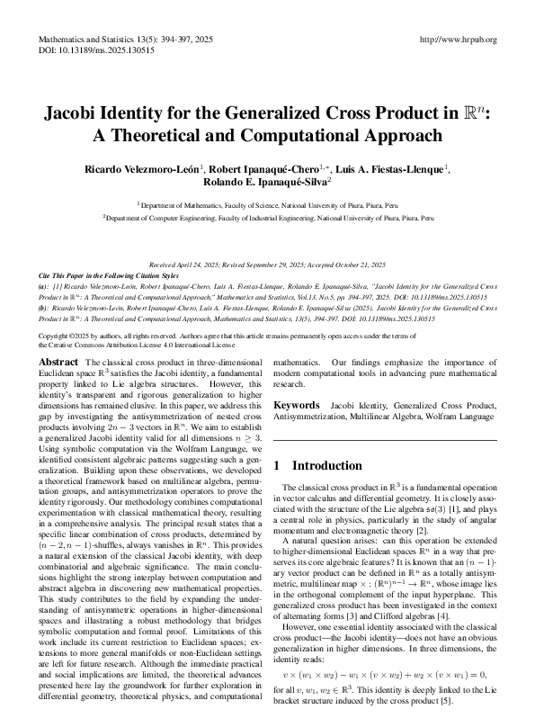 (PDF) Jacobi Identity for the Generalized Cross Product in R n : A ...