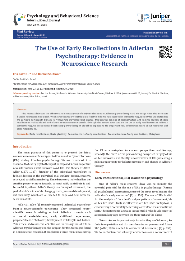 (PDF) The Use of Early Recollections in Adlerian Psychotherapy ...