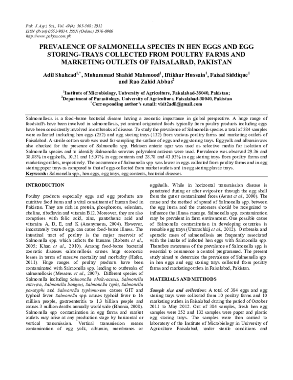 (PDF) Prevalence of Salmonella species in hen eggs and egg storing ...