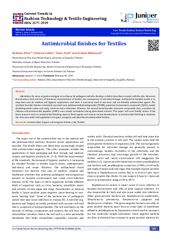 (PDF) Antimicrobial finishes for Textiles