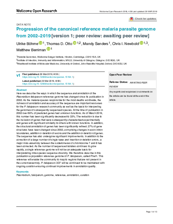 (PDF) Progression of the canonical reference malaria parasite genome ...