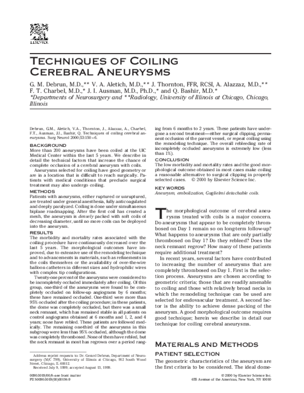 (PDF) Techniques of coiling cerebral aneurysms