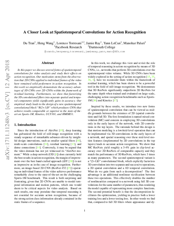 (PDF) A Closer Look at Spatiotemporal Convolutions for Action Recognition