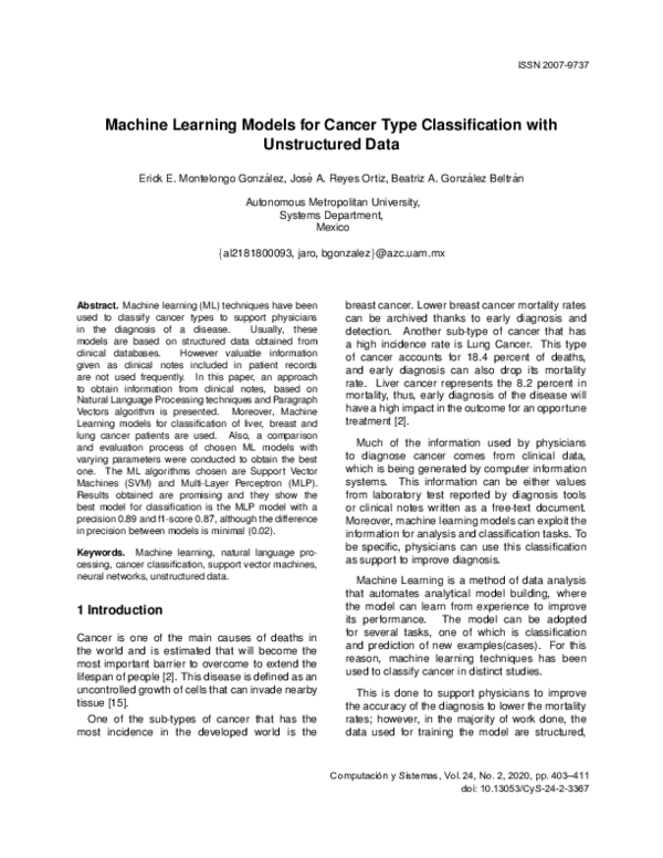 (PDF) Machine Learning Models for Cancer Type Classification with ...