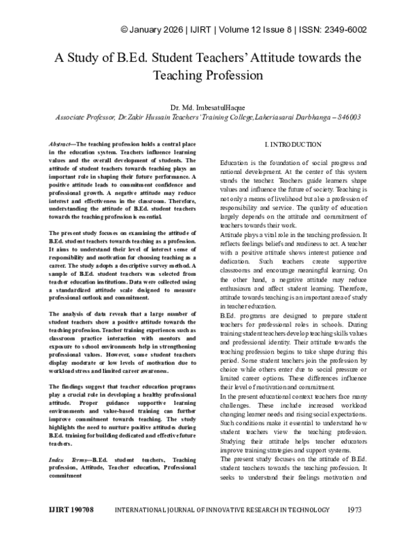 (PDF) A Study of B.Ed. Student Teachers' Attitude towards the Teaching ...