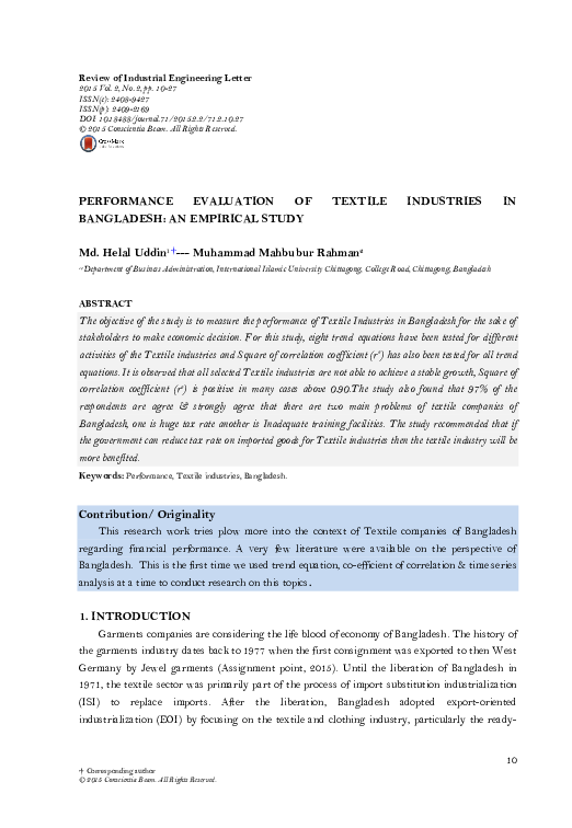 (PDF) Performance Evaluation of Textile Industries in Bangladesh: An ...