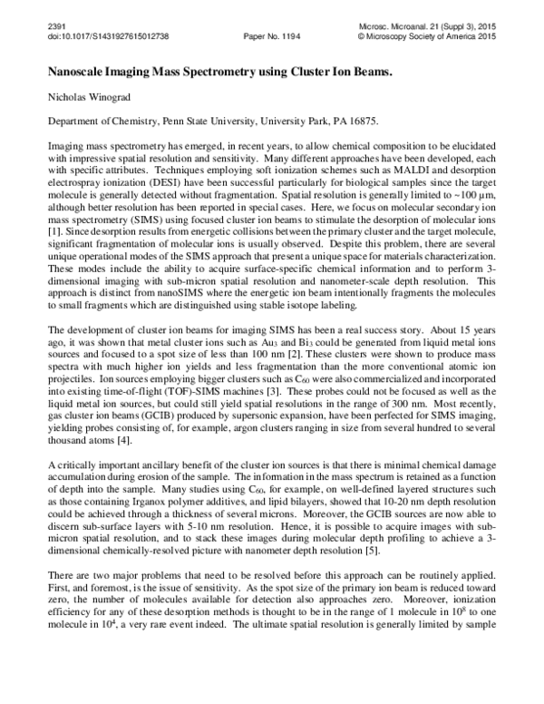 (PDF) Nanoscale Imaging Mass Spectrometry using Cluster Ion Beams