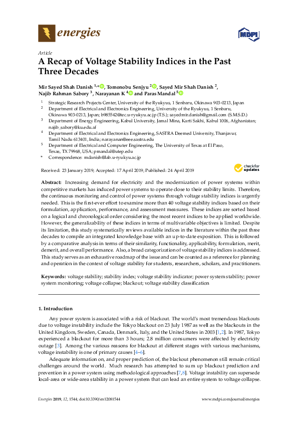 (PDF) A Recap of Voltage Stability Indices in the Past Three Decades