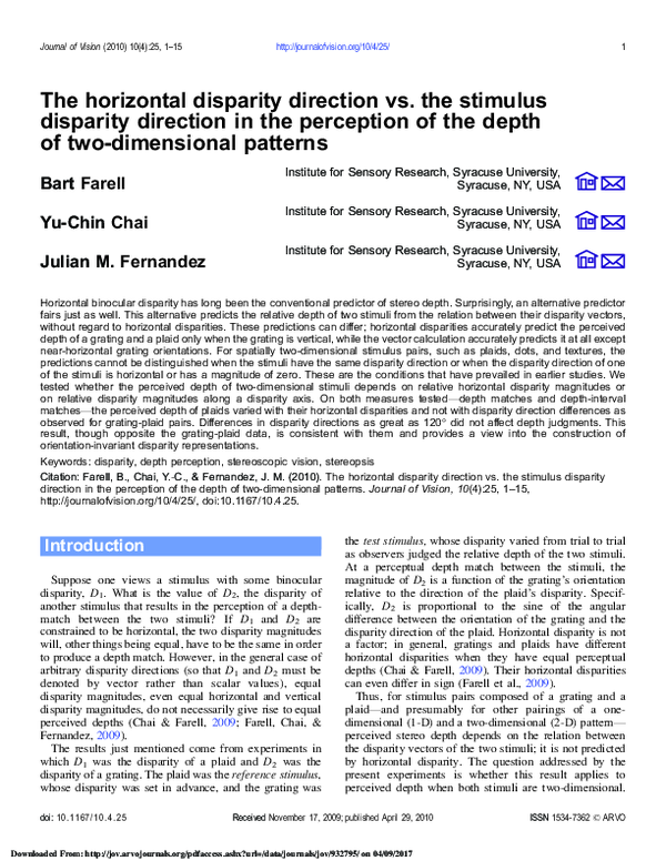 (PDF) The horizontal disparity direction vs. the stimulus disparity ...