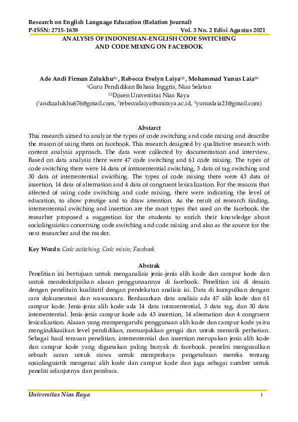 (PDF) Analysis of Indonesian-English Code Switching and Code Mixing on ...