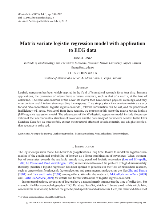 (PDF) Matrix variate logistic regression model with application to EEG data