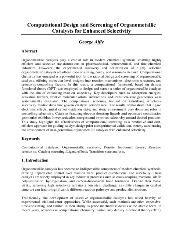 (PDF) Computational Design and Screening of Organometallic Catalysts ...