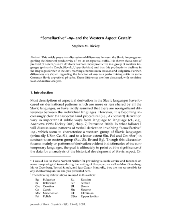 (PDF) A Pattern of Verbal Derivation in Cz , Slk , USor , Pol , and Sln