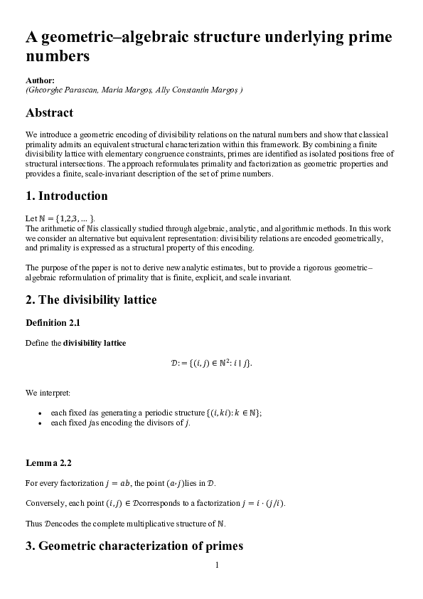 (PDF) A geometric-algebraic structure underlying prime numbers
