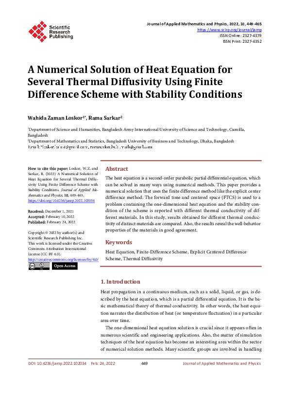 (PDF) A Numerical Solution of Heat Equation for Several Thermal ...