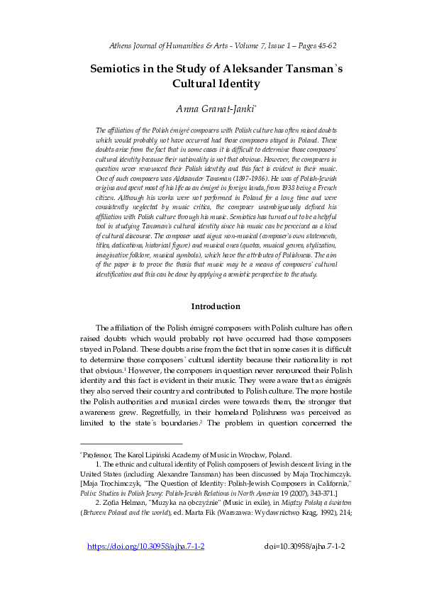 (PDF) Semiotics in the Study of Aleksander Tansman᾽s Cultural Identity
