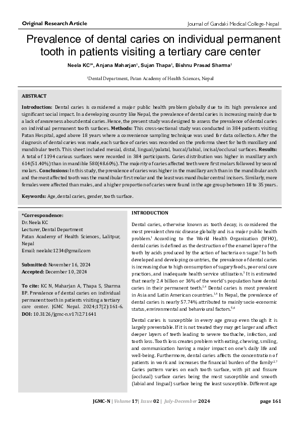 (PDF) Prevalence of dental caries on individual permanent tooth in ...