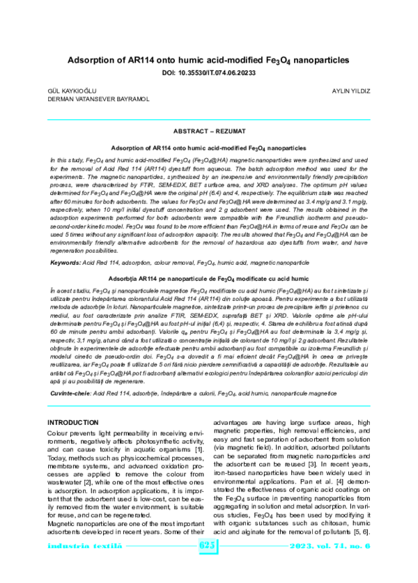 (PDF) Adsorption of AR114 onto humic acid-modified Fe3O4 nanoparticles