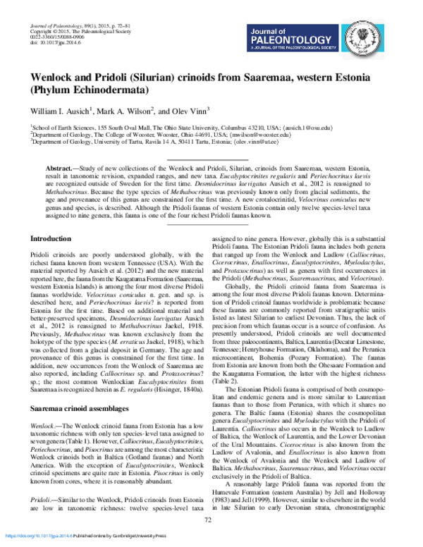 (PDF) Wenlock and Pridoli (Silurian) crinoids from Saaremaa, western ...