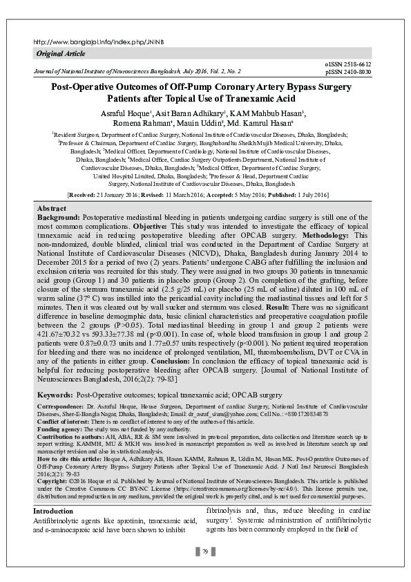 (PDF) Post-Operative Outcomes of Off-Pump Coronary Artery Bypass ...