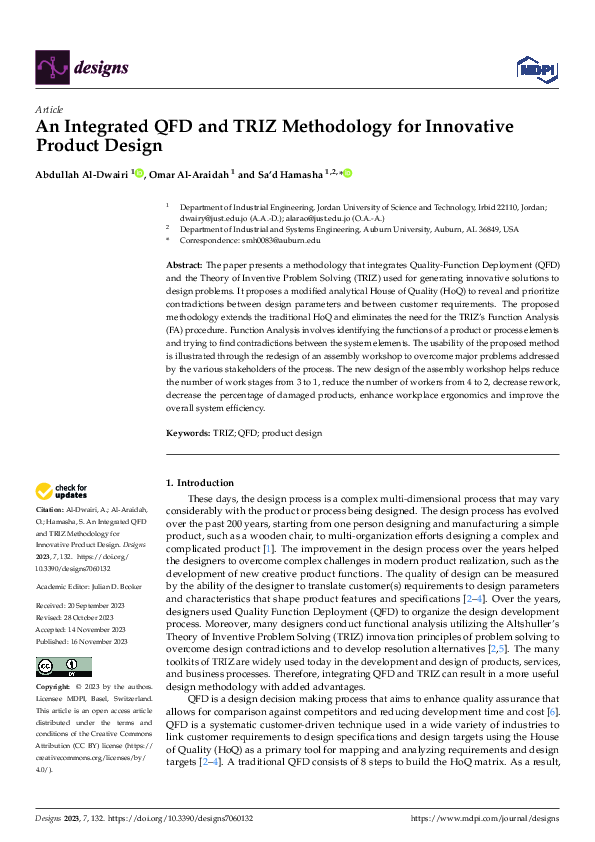 (PDF) An Integrated QFD and TRIZ Methodology for Innovative Product Design