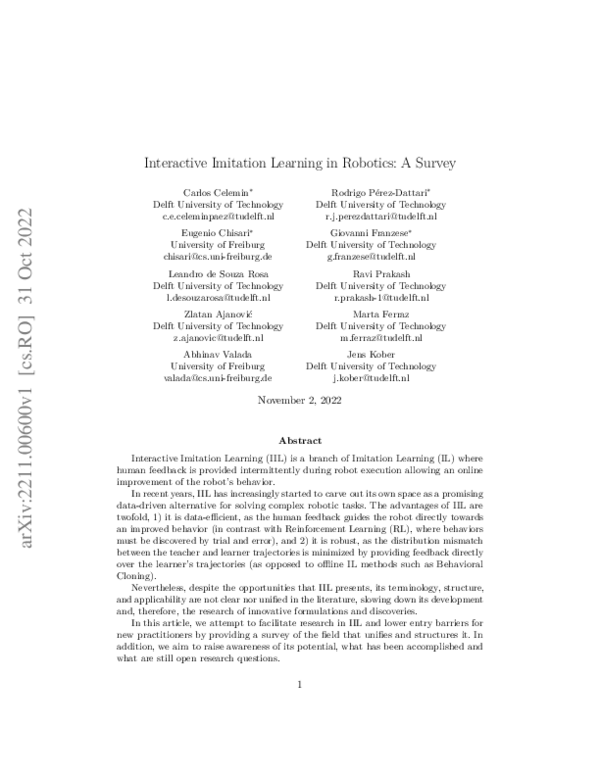 (PDF) Interactive Imitation Learning in Robotics: A Survey