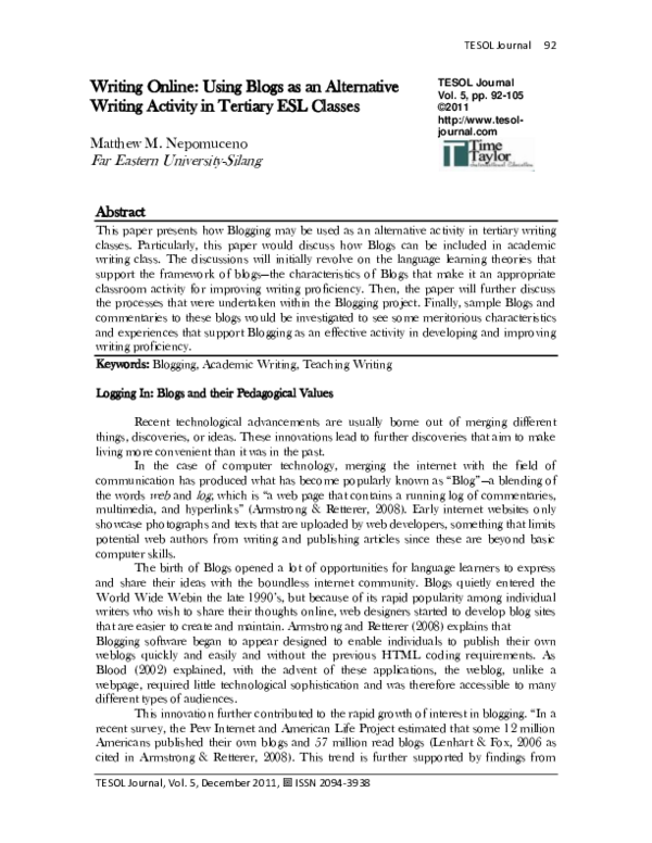 (PDF) Writing Online: Using Blogs as an Alternative Writing Activity in ...