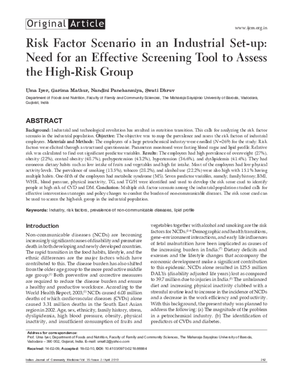 (PDF) Risk factor scenario in an industrial set-up: Need for an ...