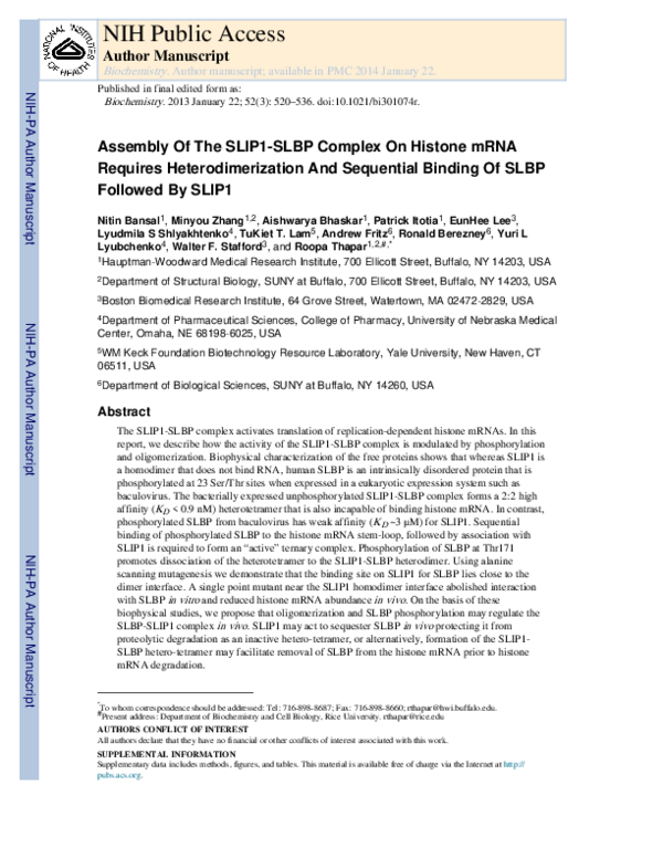 (PDF) Assembly of the SLIP1–SLBP Complex on Histone mRNA Requires ...