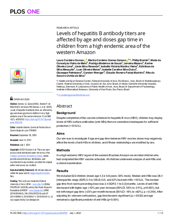 (PDF) Levels of hepatitis B antibody titers are affected by age and ...