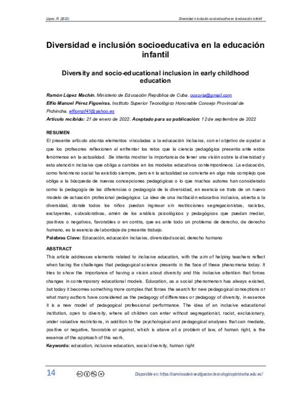 (PDF) Diversidad e inclusión socioeducativa en la educación infantil