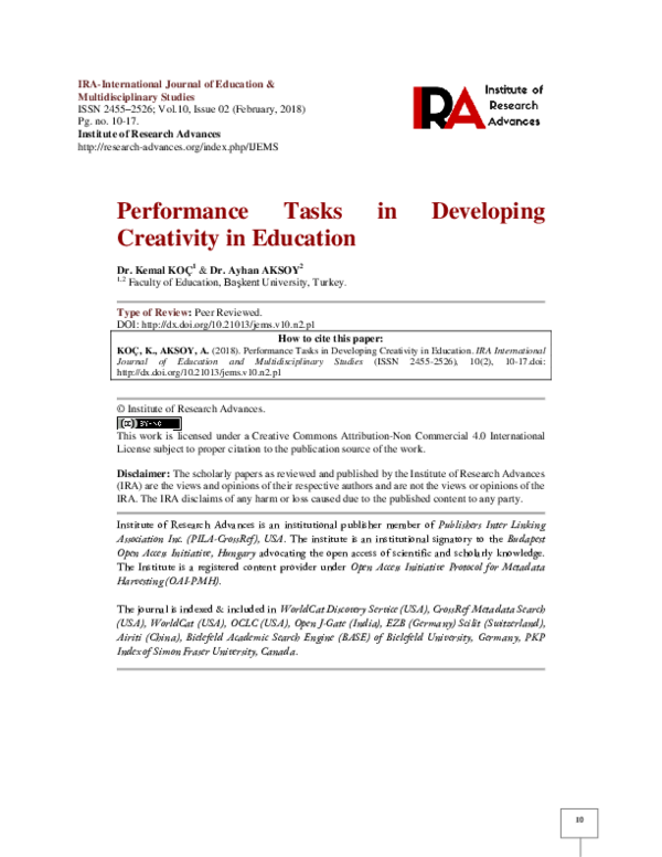 (PDF) Performance Tasks in Developing Creativity in Education