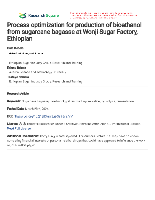 (PDF) Process optimization for production of bioethanol from sugarcane ...