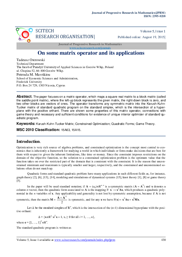 (PDF) RESEARCH ORGANISATION| On some matrix operator and its applications