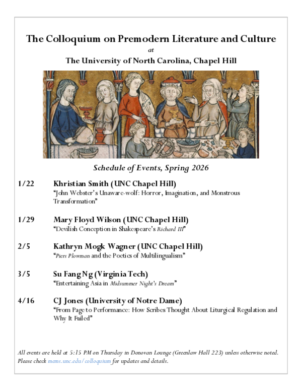 (PDF) Spring 2026 Colloquium on Premodern Literature and Culture Schedule