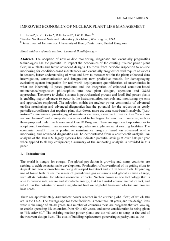 (PDF) Improved economics of nuclear plant life management