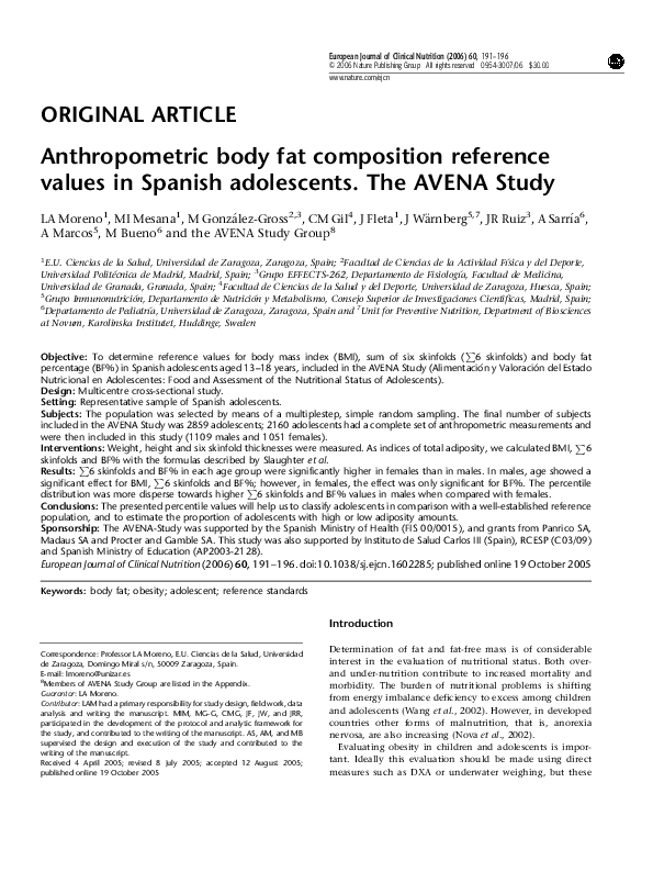 (PDF) Anthropometric body fat composition reference values in Spanish ...