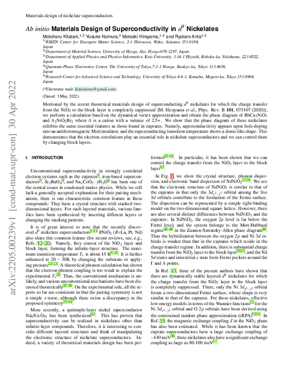 (PDF) $\textit{Ab initio}$ Materials Design of Superconductivity in $d ...