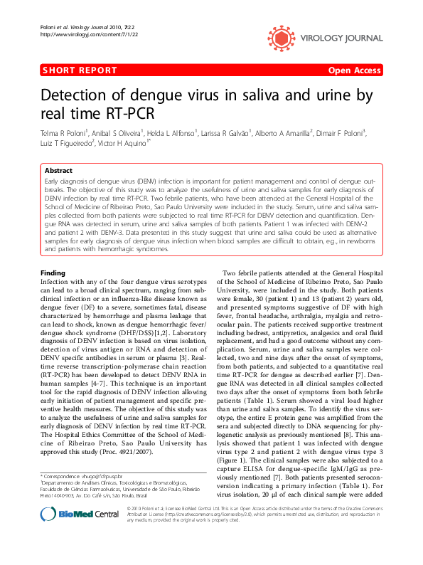 (PDF) Detection of dengue virus in saliva and urine by real time RT-PCR