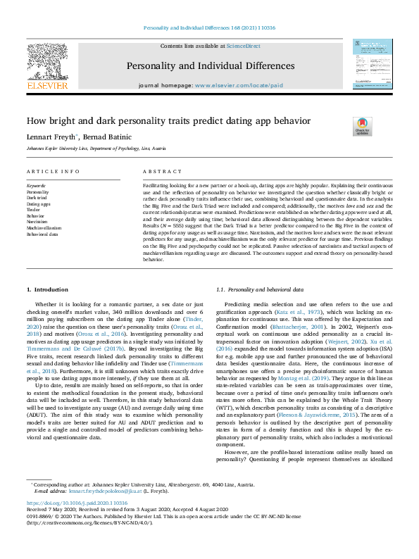 (PDF) How bright and dark personality traits predict dating app behavior