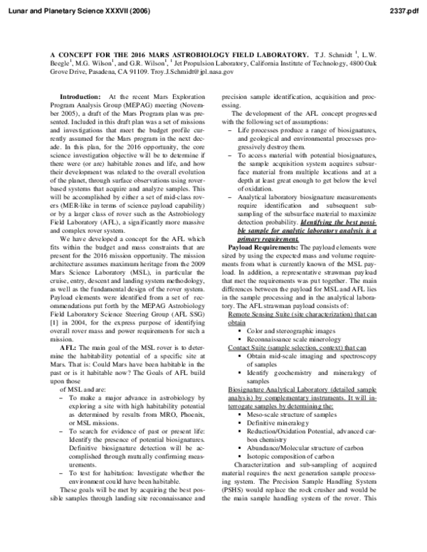 (PDF) A Concept for the 2016 Mars Astrobiology Field Laboratory