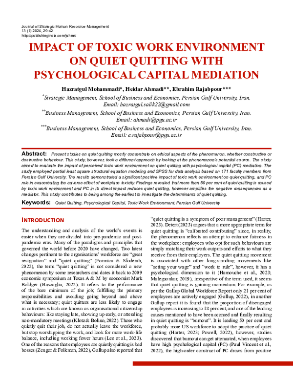 (PDF) IMPACT OF TOXIC WORK ENVIRONMENT ON QUIET QUITTING WITH ...