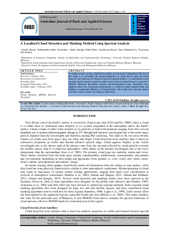 (PDF) A Localised cloud detection and masking method using spectral ...
