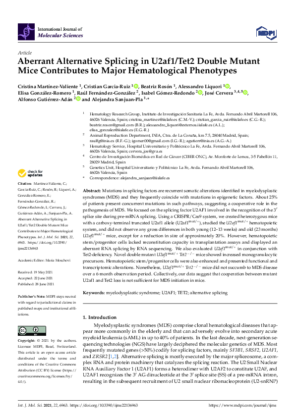 (PDF) Aberrant Alternative Splicing in U2af1/Tet2 Double Mutant Mice ...
