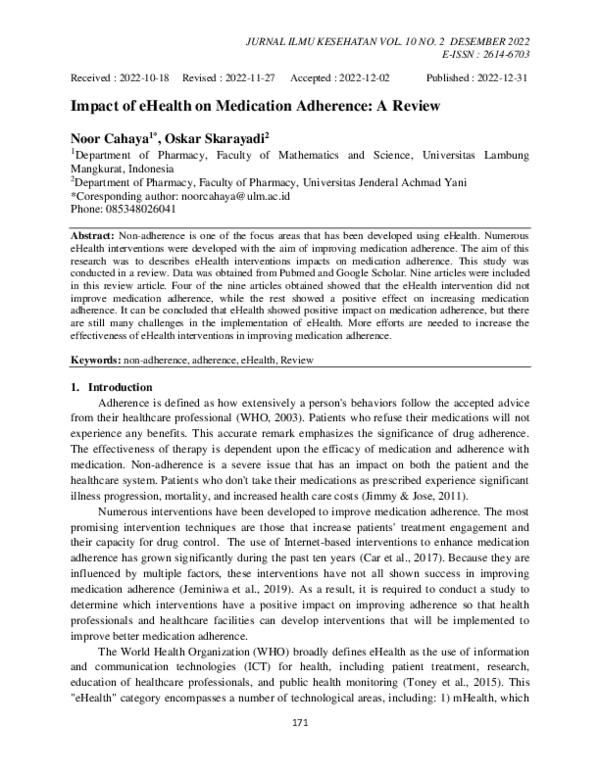 (PDF) Impact of eHealth on Medication Adherence: A Review