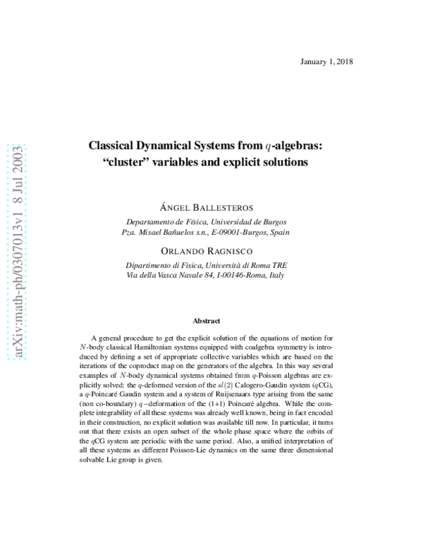 (PDF) Classical dynamical systems from q -algebras: cluster variables ...