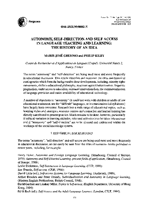 (PDF) Autonomy, self-direction and self access in language teaching and ...