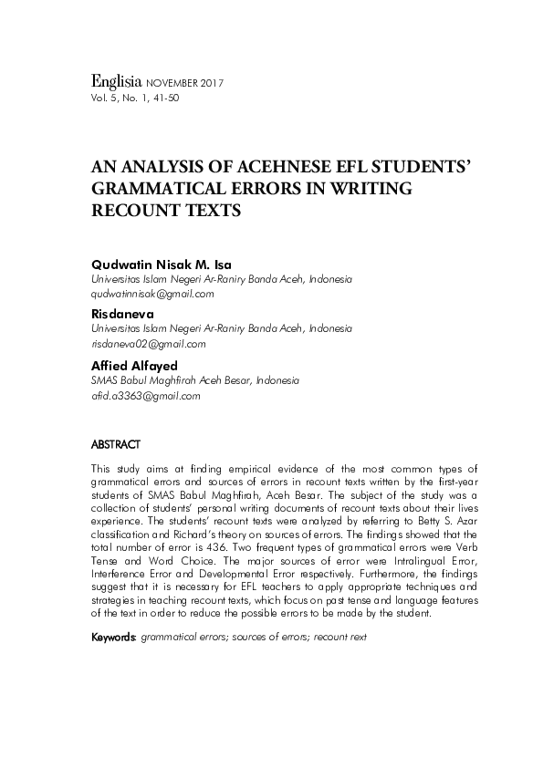 (PDF) An Analysis of Acehnese Efl Students’ Grammatical Errors in ...