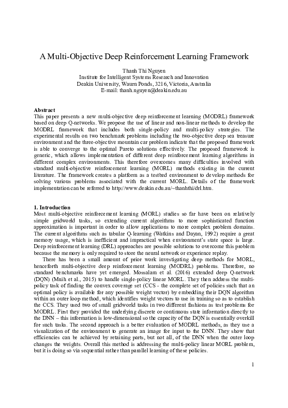 (PDF) A multi-objective deep reinforcement learning framework